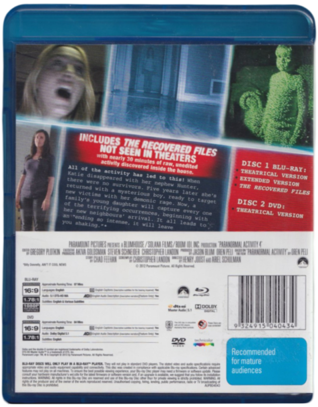 Paranormal Activity 4 BR Back Paranormal Activity 4 Blu-Ray + DVD